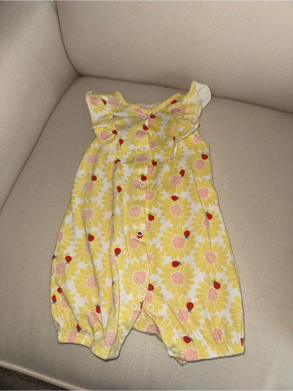 Baby Girls' Yellow Floral Romper with Red Ladybug Accents